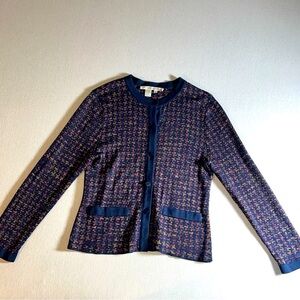 Vintage 100% Silk Geometric Compositions Cardigan in Navy Blue and Purple, Small